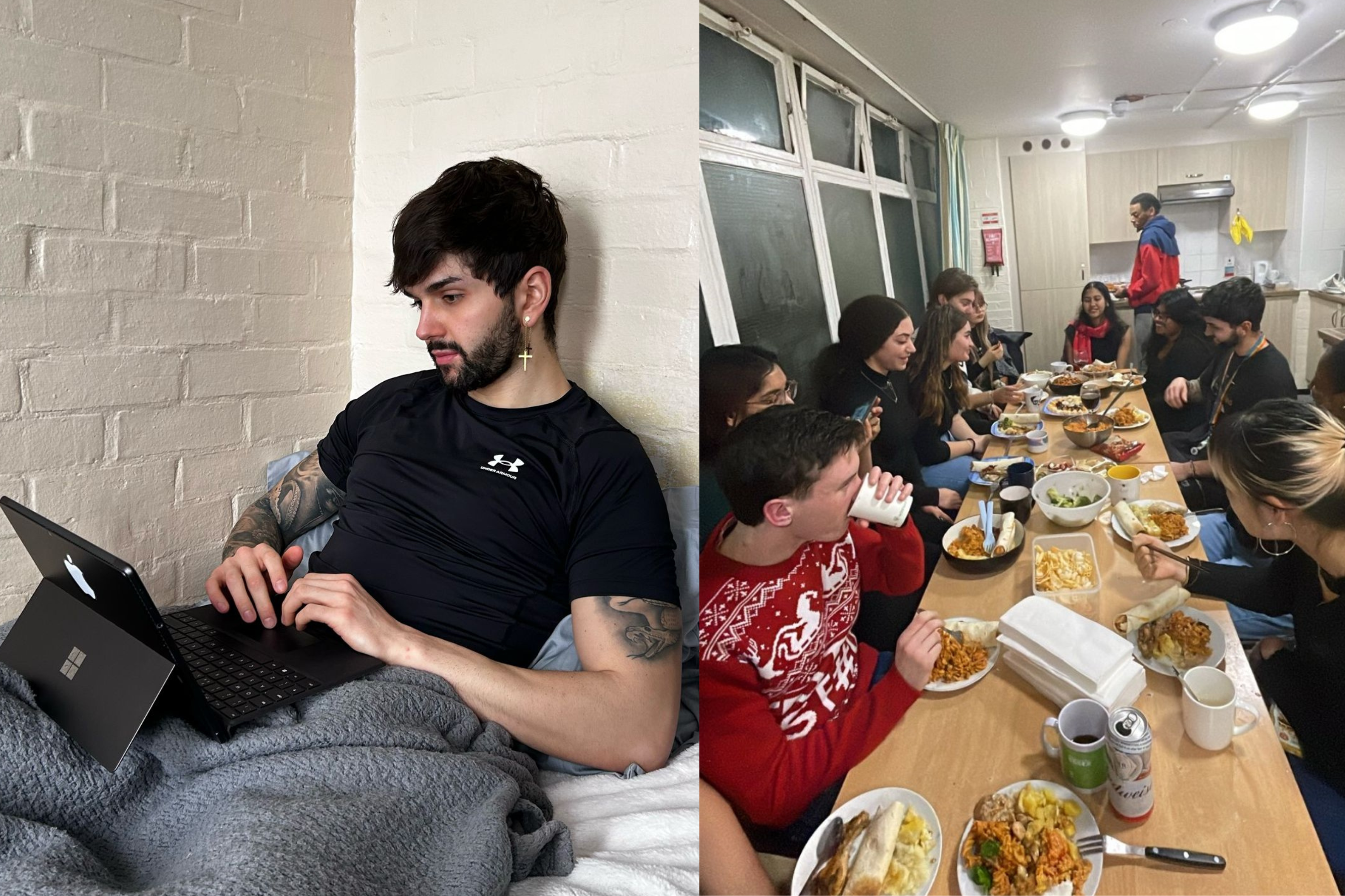 Michael sitting on bed in north towers, and a group of students having dinner in the kitchen
