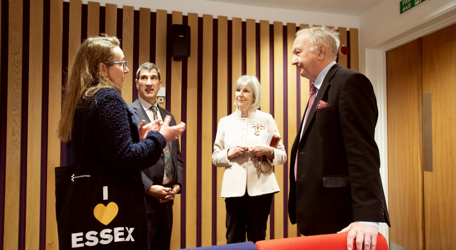 The Lord-Lieutenant of Essex and husband Philip Tolhurst in discussion with Vice-Chancellor Professor Anthony Forster and Southend Campus Manager Zoe Manning
