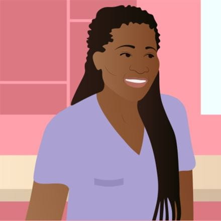 A vector image of a Black woman with long hair, looking towards the right hand side of the image, with a pink, yellow and white background.