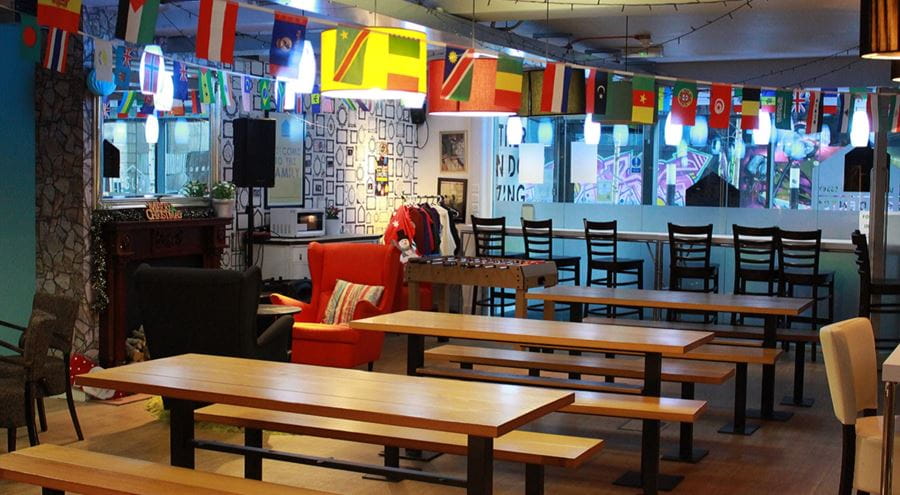 Tables and flags in the Southend SU Lounge