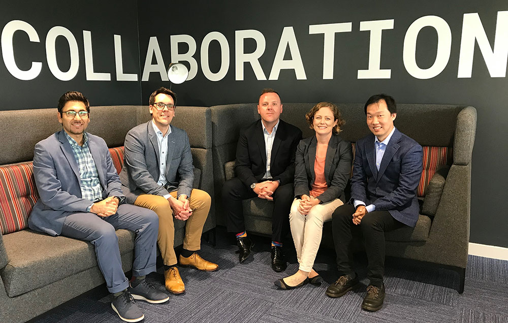 From left:  Hossein Anisi, Lecturer at Essex’s School of Computer Science and Electronic Engineering, Steve Corbett, CIO at Cloudfm, Robert Walker, Head of Business Engagement at Essex, Holly Leonard, KTP Manager at Essex and  Xiaozhan Yang, KTP Associate for Cloudfm.)