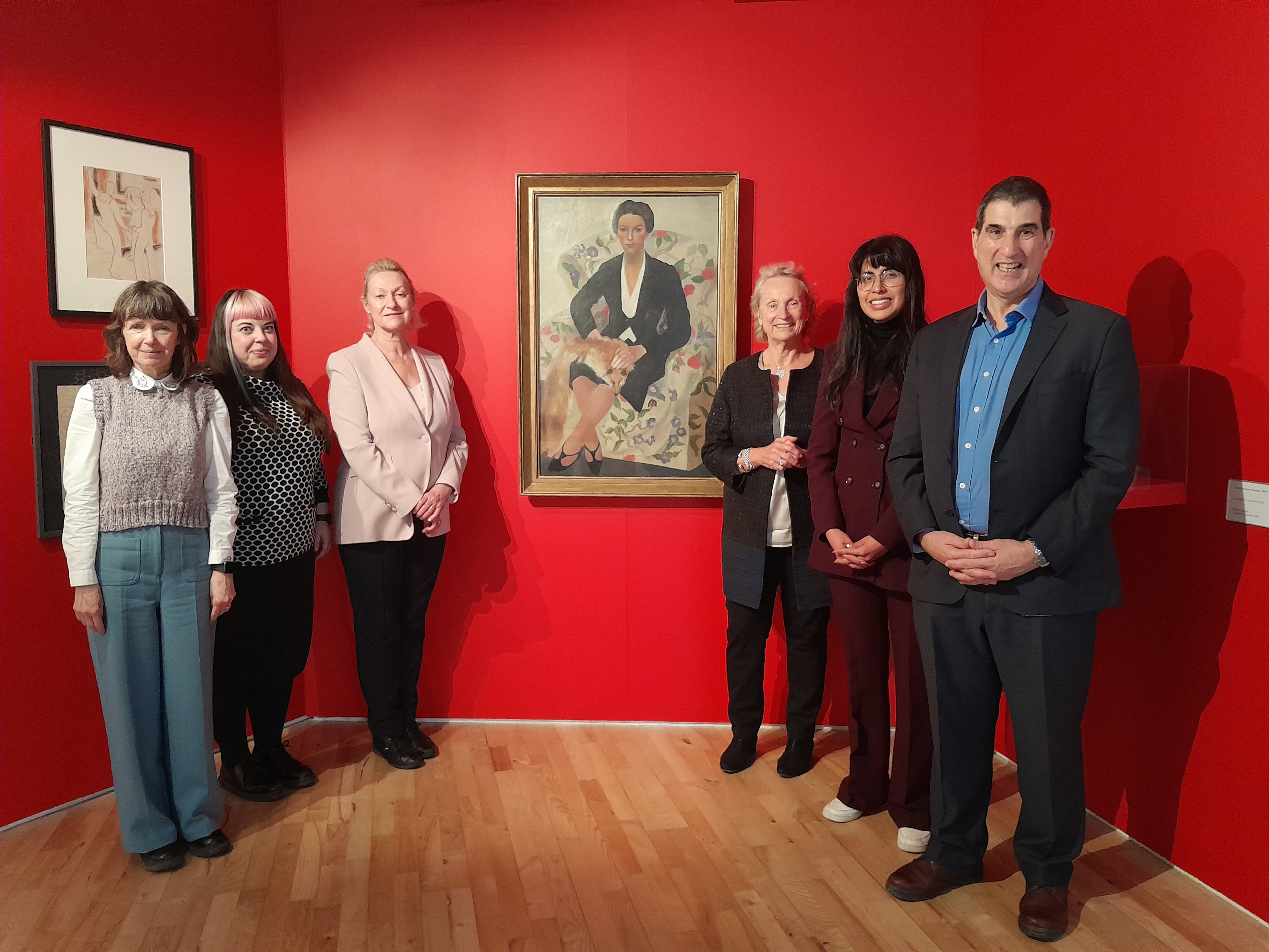 Group photo shows (from left to right) Art Exchange Curator Jess Twyman, exhibition co-curator Dr Sarah Demelo, Isabelle Sloman, Anne-Veronique Sloman, exhibition co-curator Giselle Giron and Vice-Chancellor Anthony Forster