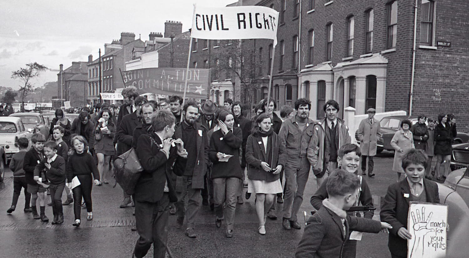 Kevin Boyle (with goatee beard) leads an early civil rights march, Belfast, October 1968.