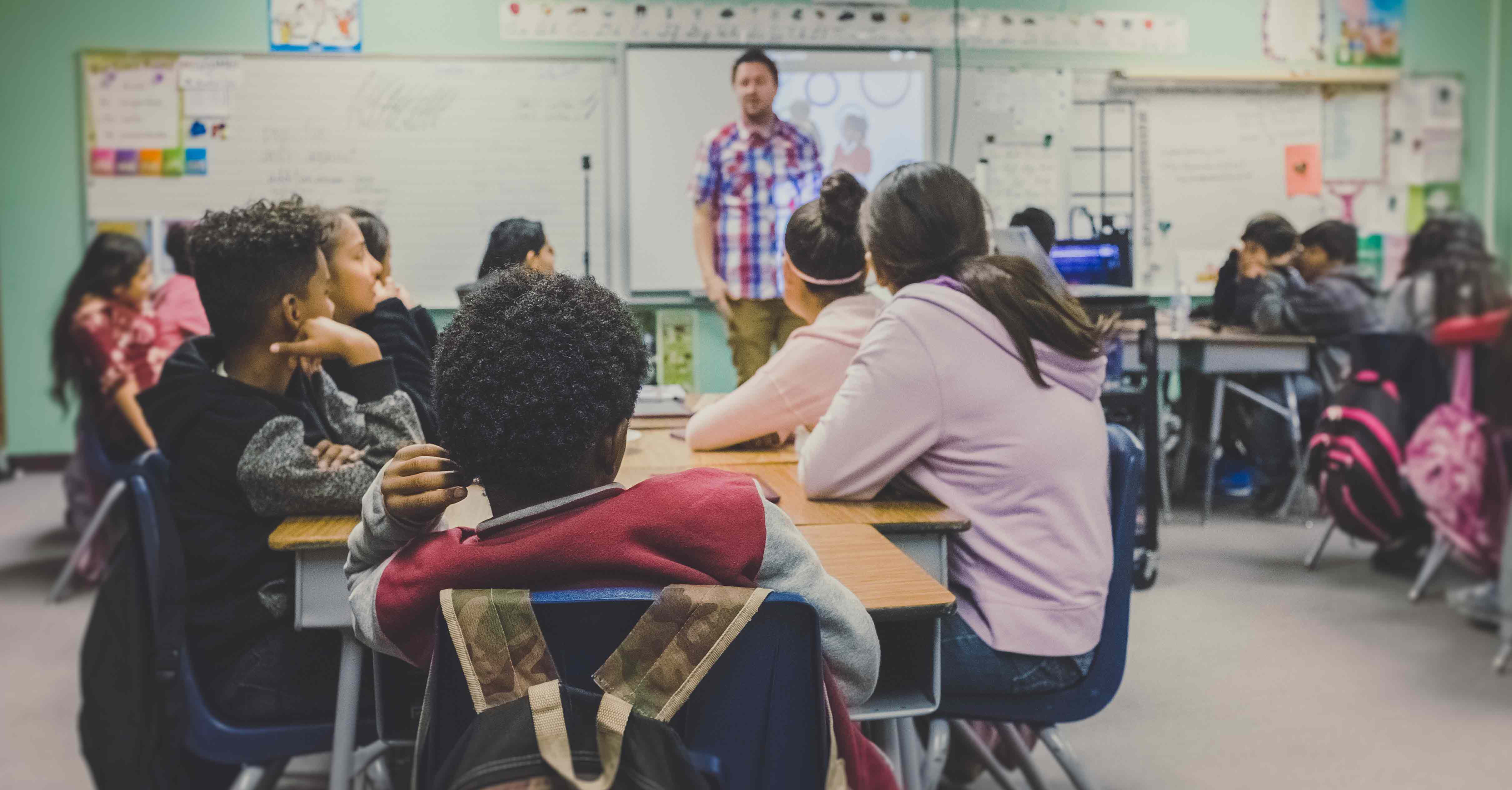 Children, seen with their backs to the camera, sit in a classroom looking towards a male teacher standing at the front 