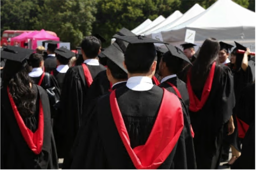 Graduates in their robes facing backwards