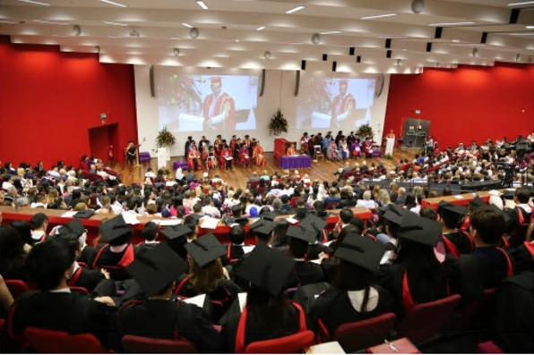 The graduation ceremony with graduates facing the stage