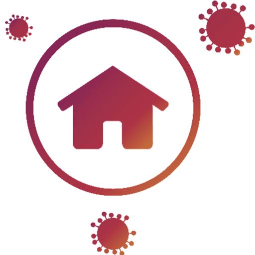 long covid logo - A house sat within a circle, surrounded by virus symbols
