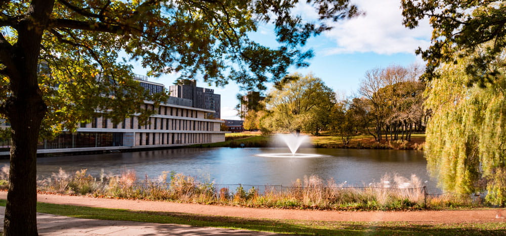 Lakes at the University of Essex, showing the fountain in the centre