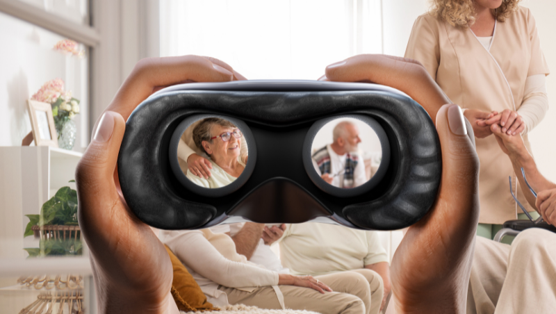 Photo shows people through a VR unit