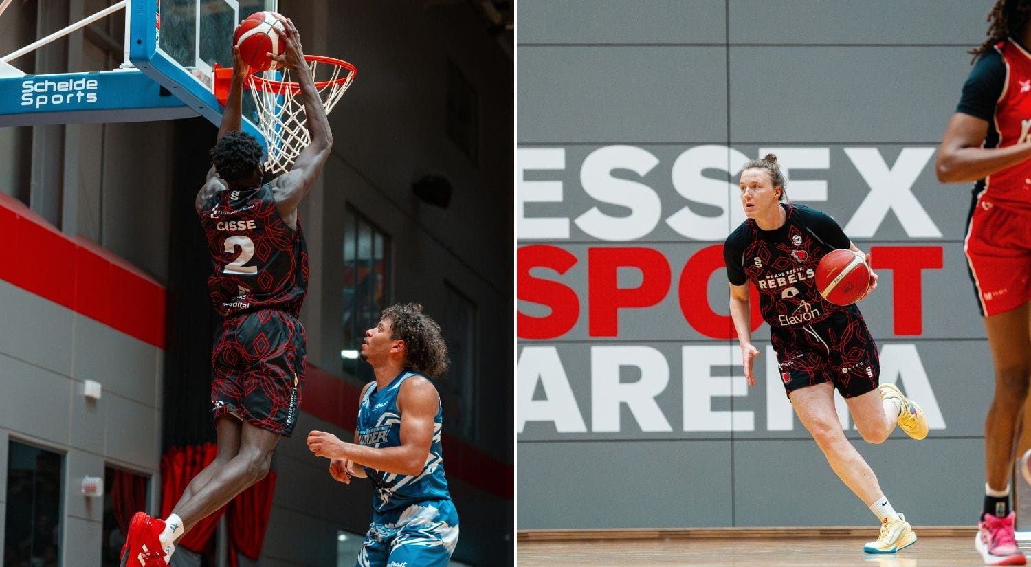 Aliou Cisse dunking and Claire Paxton dribbling