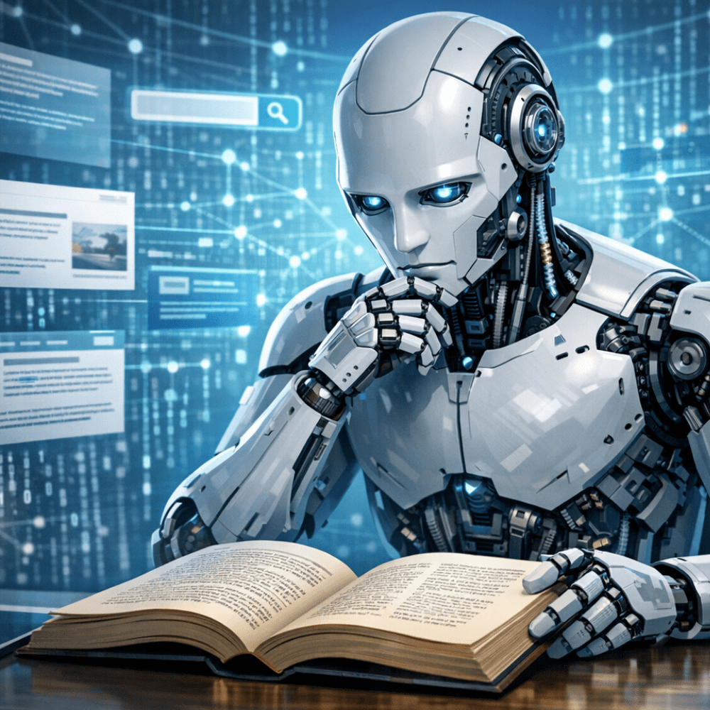 ai generated impage of a cyborg reading a book