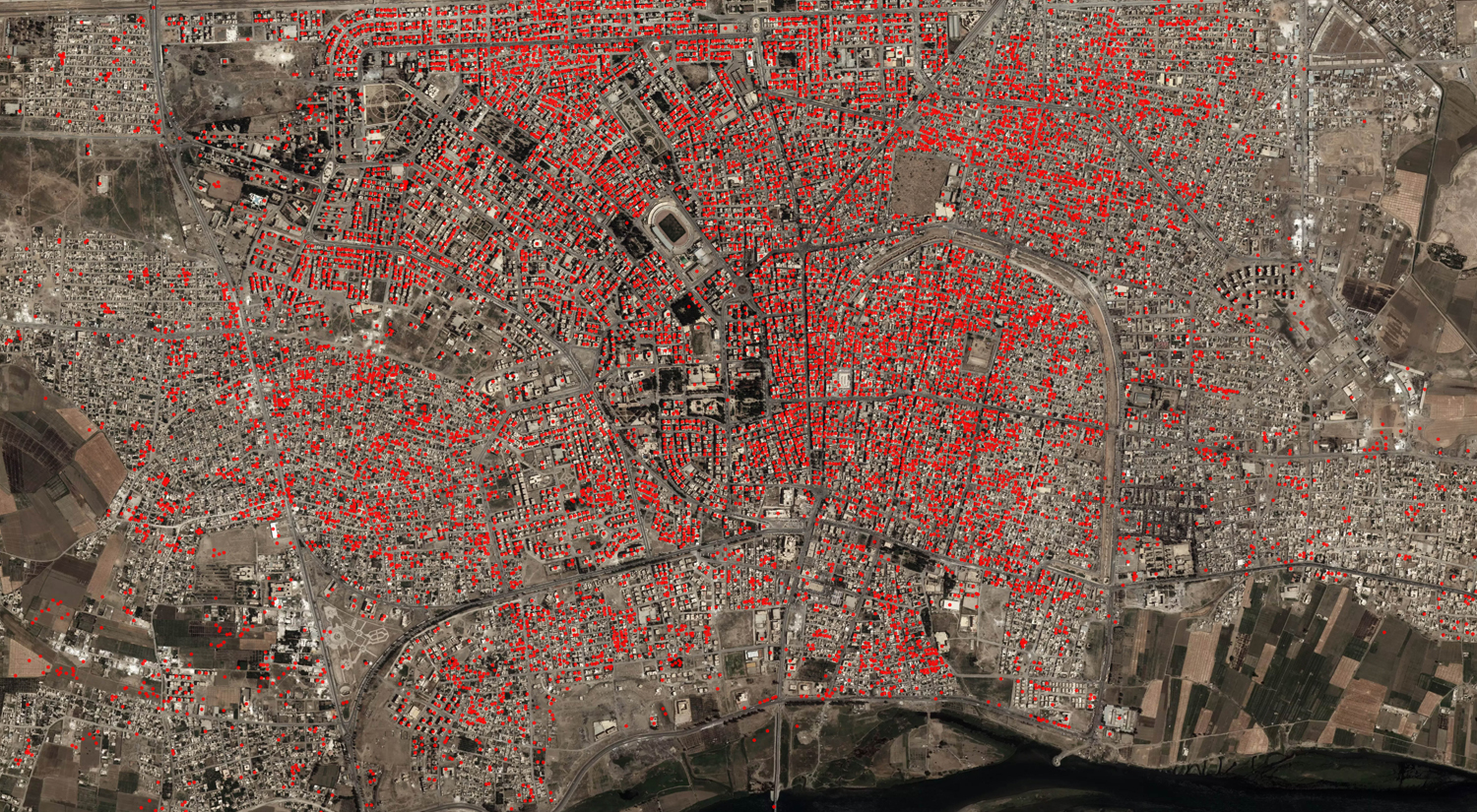 Map of Raqqa, Syria showing destroyed and damaged buildings