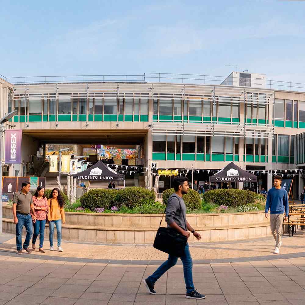 View of Square 3 towards the Students Union with students walking across the square