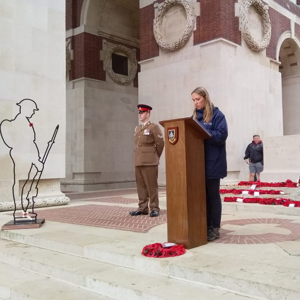 Olivia Smith giving a reading at the Thiepval Memorial 