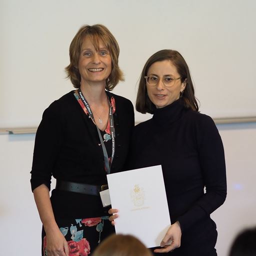 Marianna Marra accepting her Excellent Educator Award at the University of Essex Excellence in Education Awards 2019
