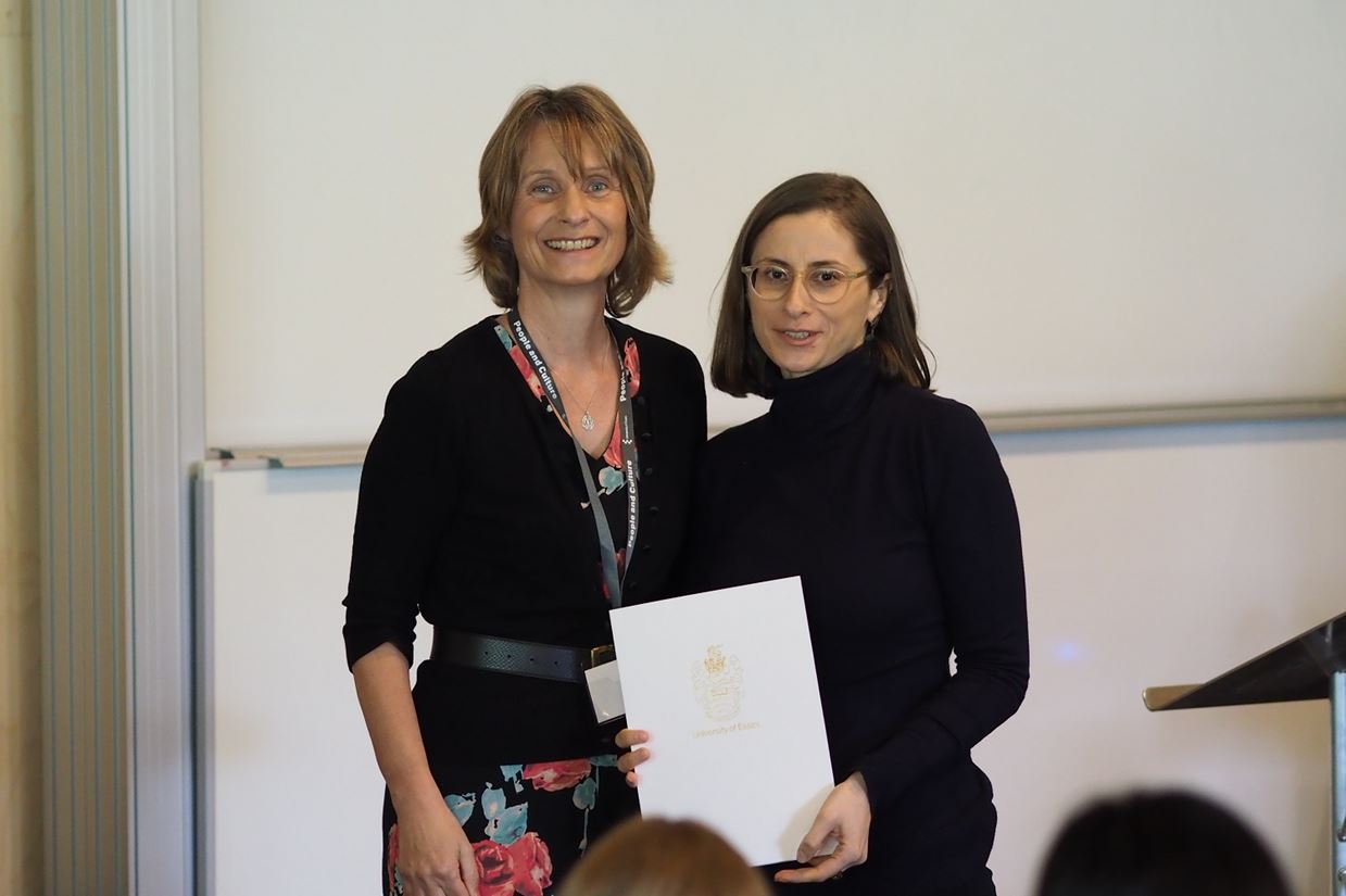 Marianna Marra accepting her Excellent Educator Award at the University of Essex Excellence in Education Awards 2019