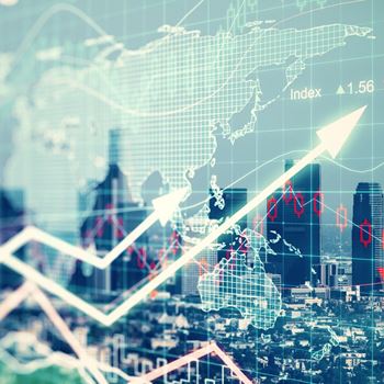 A city landscape in the background with business charts and a world map in the foreground.
