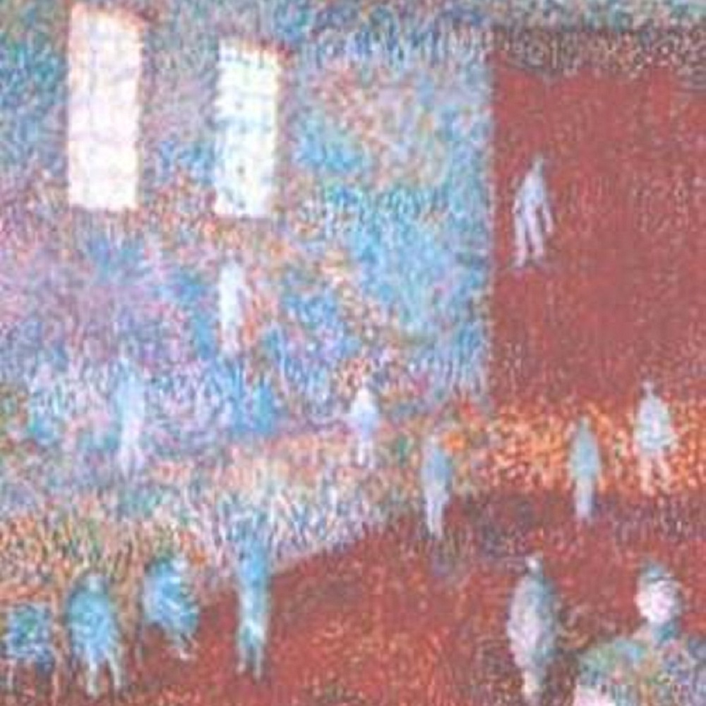 A painting of people floating in a surreal interior space.