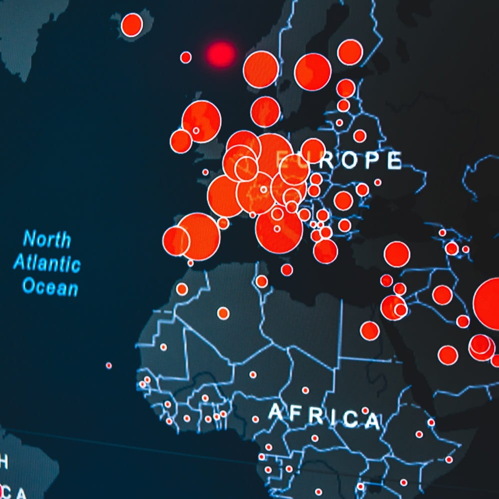 A heat map of the world marking the outbreaks of Coronavirus.
