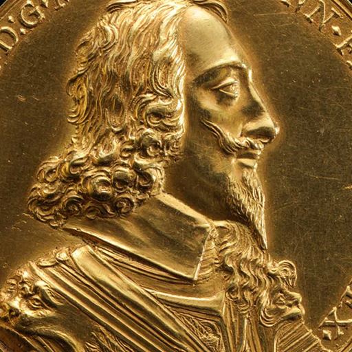 A gold coin depicting the bust of Charles I