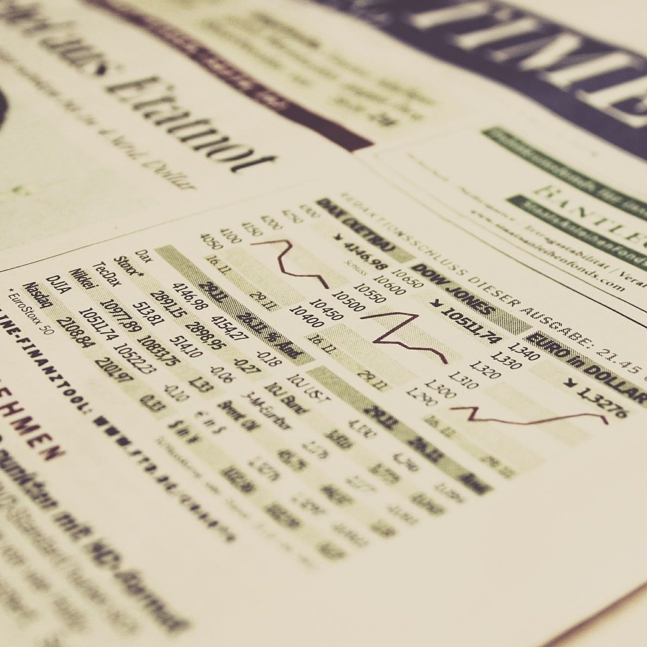 A newspaper detailing graphs relating to the stock market.