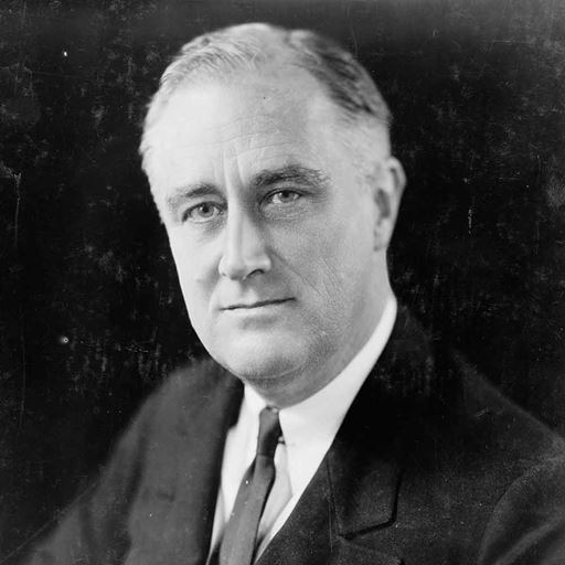 Franklin D Roosevelt in suit and tie, photographed in black and white