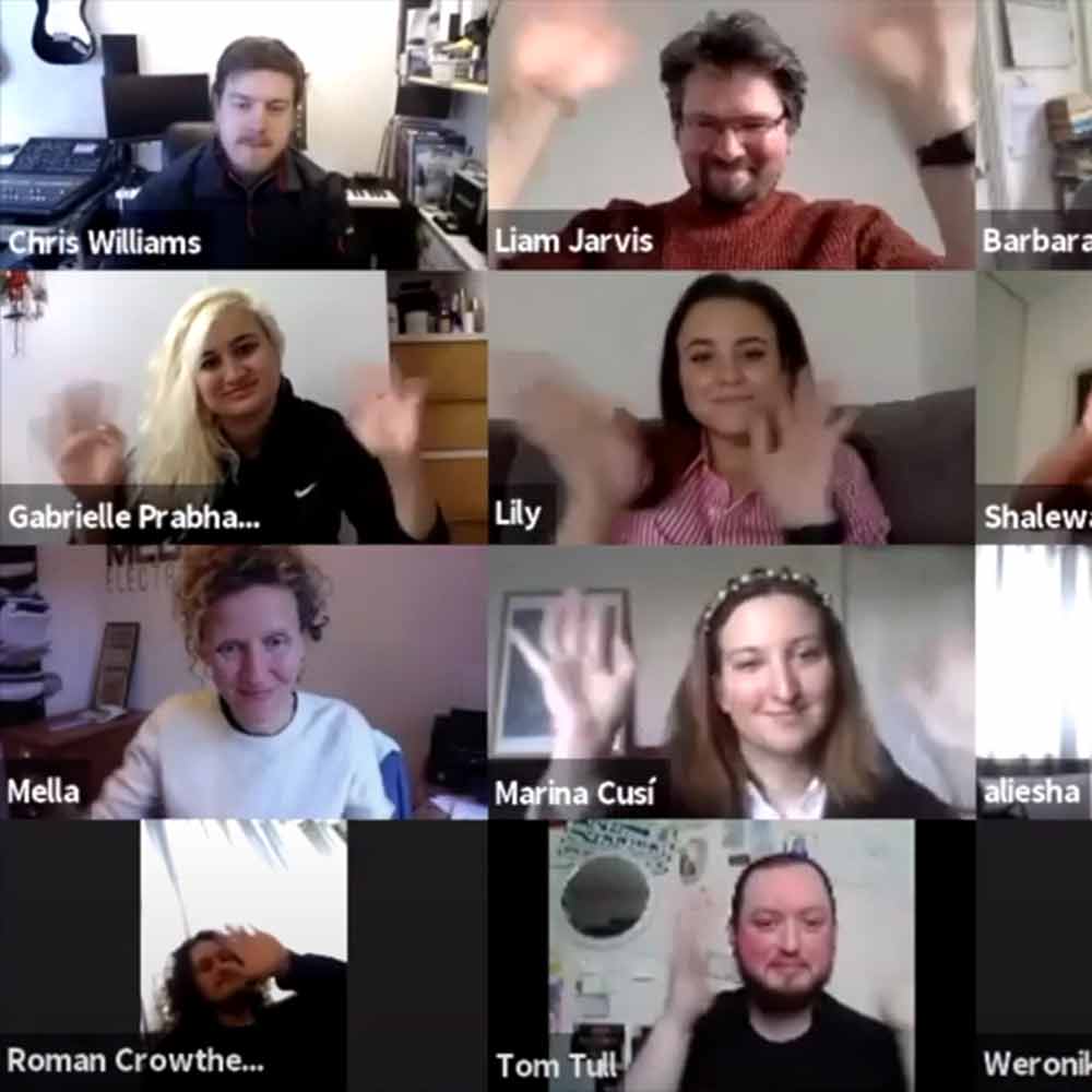 Screen grab, showing a number of students taking part in an online theatre workshop with Mella Faye via Zoom technology