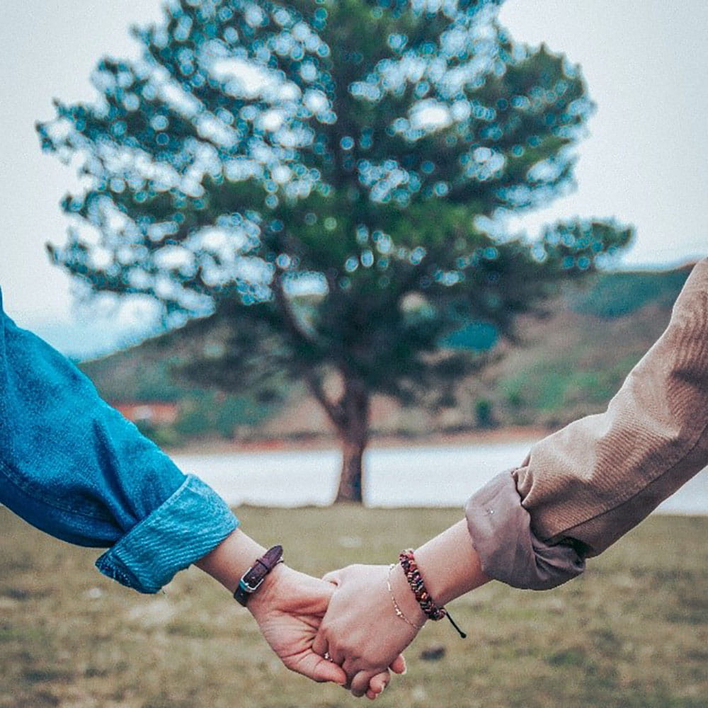 Two people holding hands with a tree in the centre background