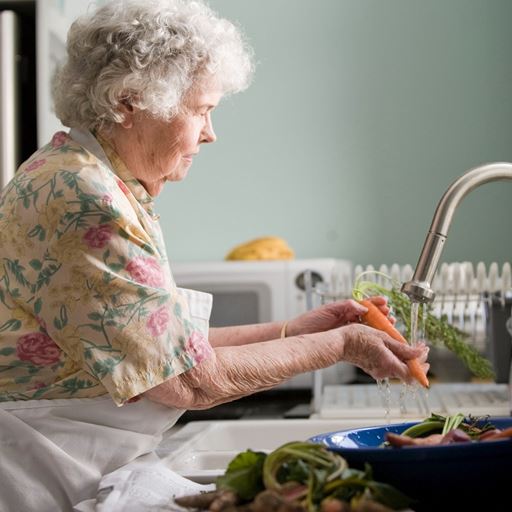 elderly woman washing veg