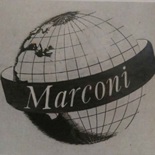 Old Marconi logo depicting a globe with the word 'Marconi' written on a banner around the centre