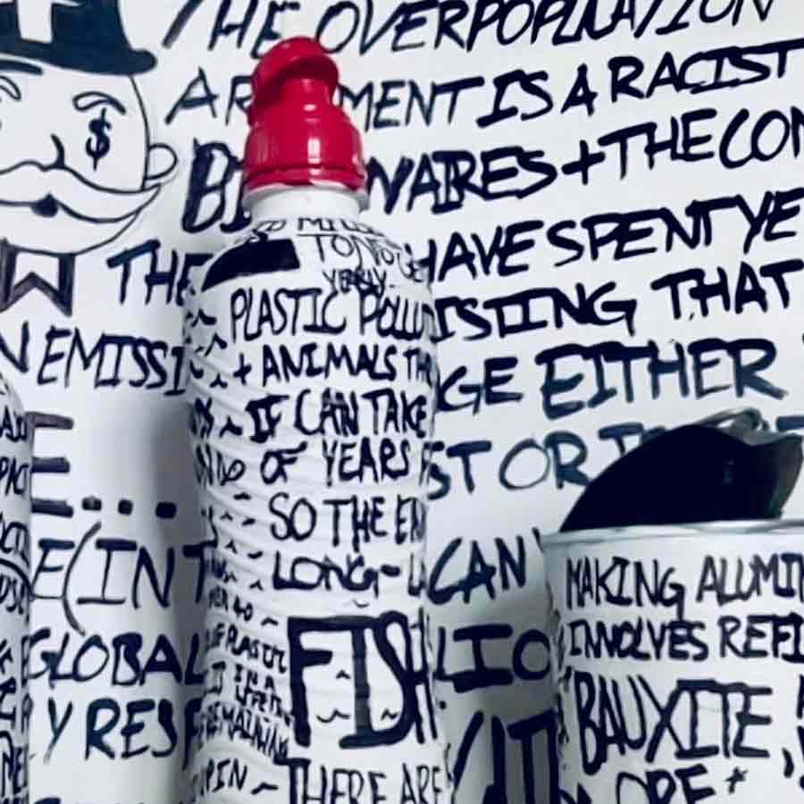 A plastic bottle and tin can transformed into climate change art