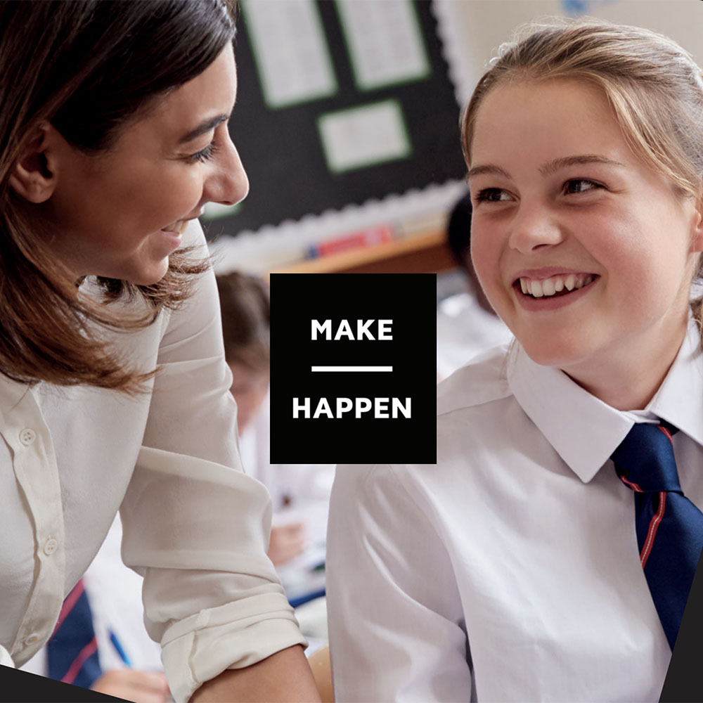 Students talking and Make Happen logo