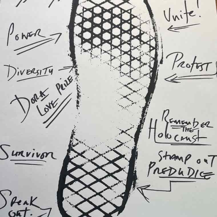 A black and white outline of a footprint with inspiring messages written around the edges