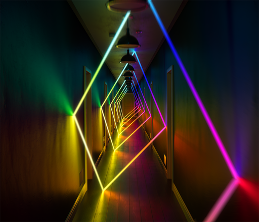 spiral LED lights bouncing in corridor