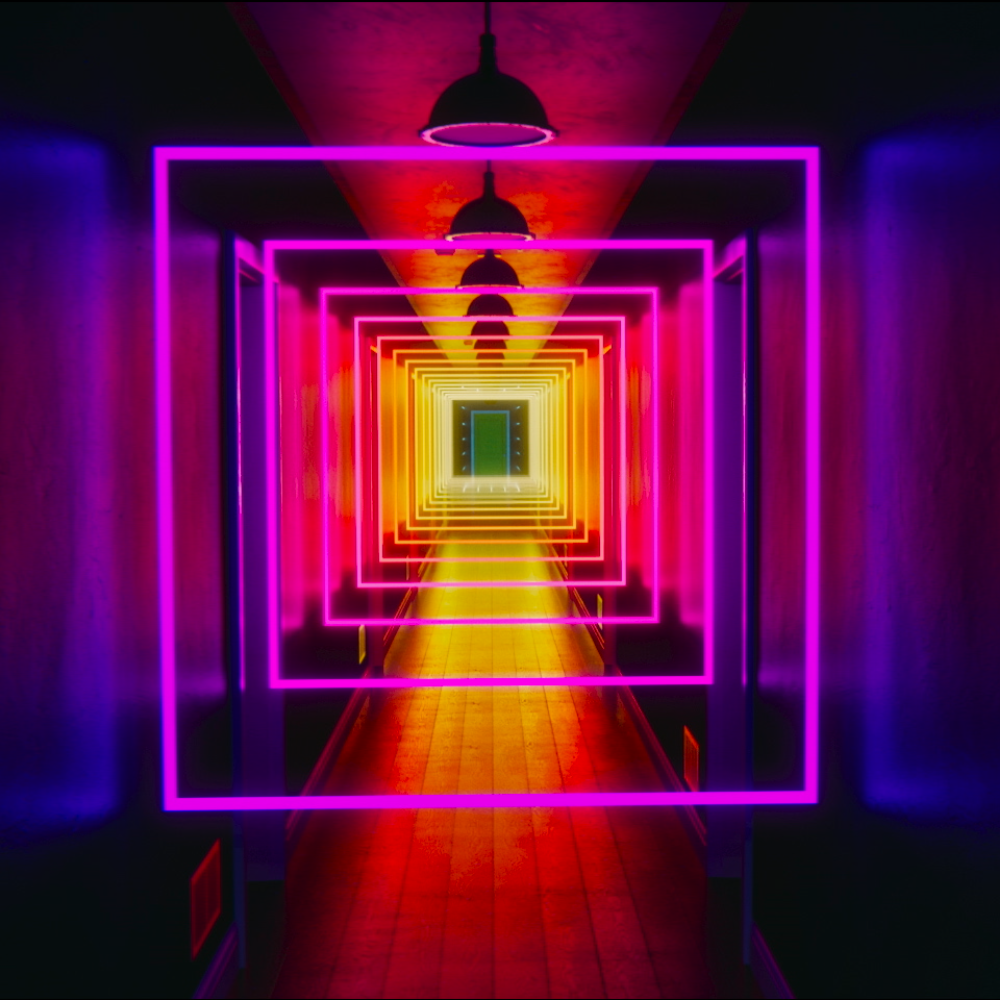 Neon lights leading to a green door
