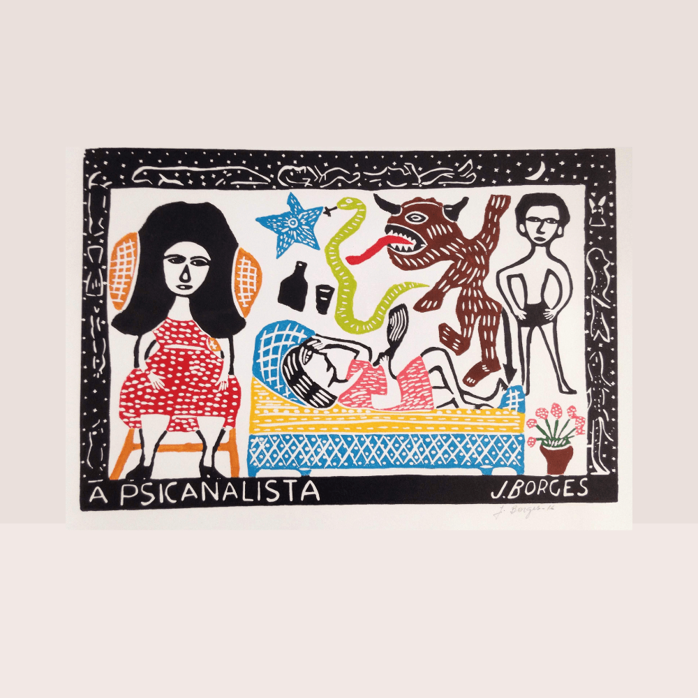 artist image of psychoanalyst with patient on couch and dream creatures 