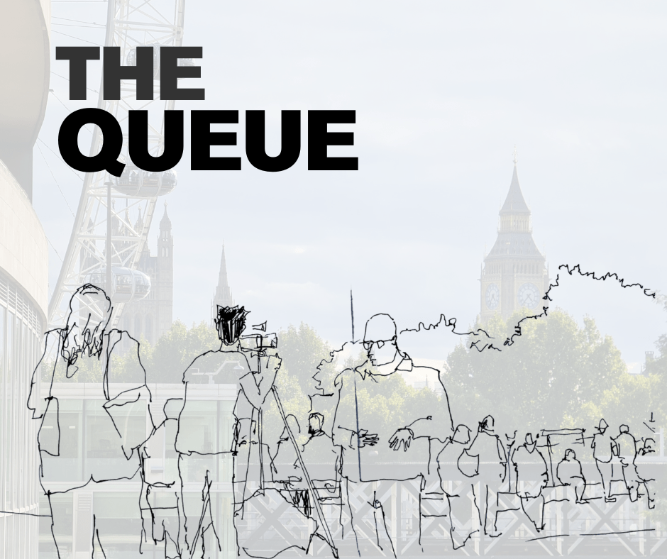 a sketch of a queue of people with an interview going on in the foreground and an image of houses of parliament