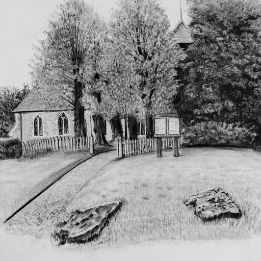 A pencil illustration of  Alphamstone Church, drawn by Suffolk artist  Lara Kinsey.