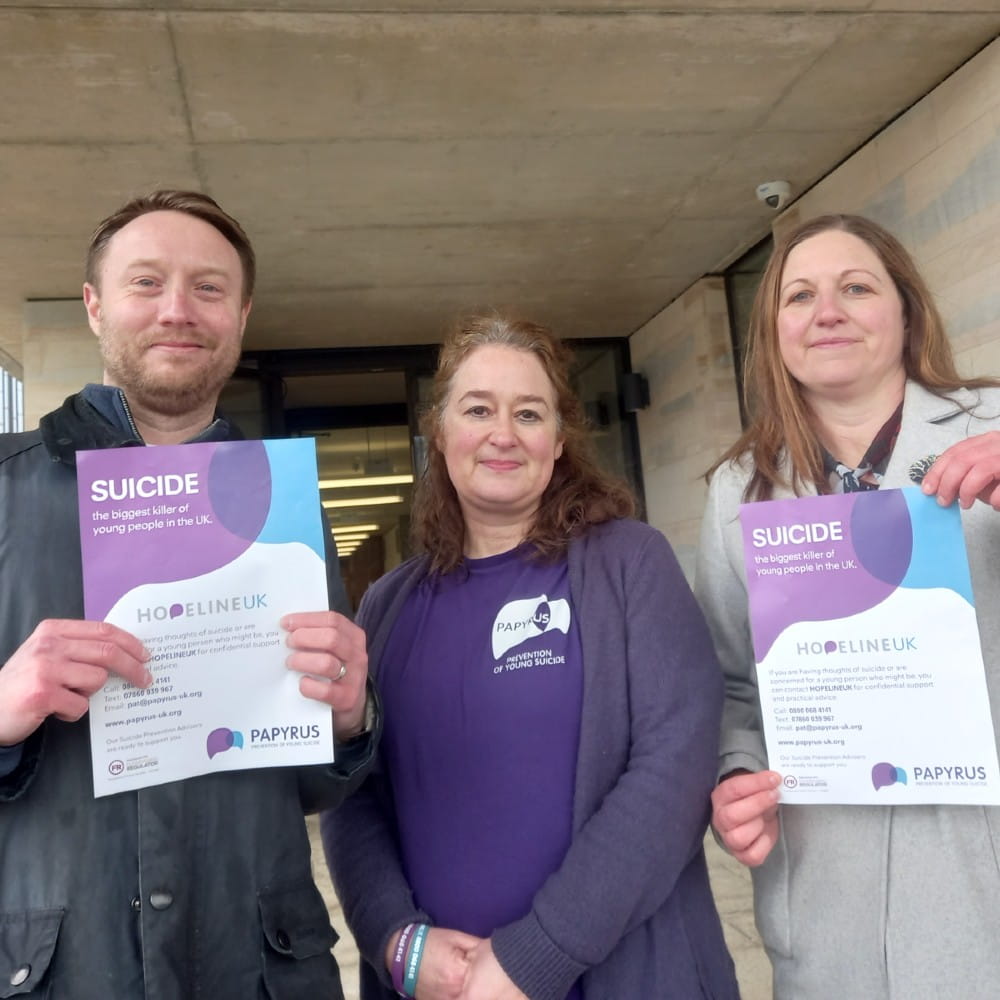 Head of Student Wellbeing and Inclusivity, Daniella Booth with Sabine and Lee from Papyrus