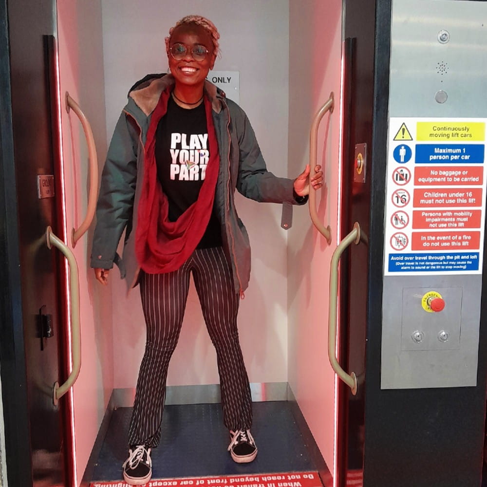 Student Naomi Gumede on the paternoster