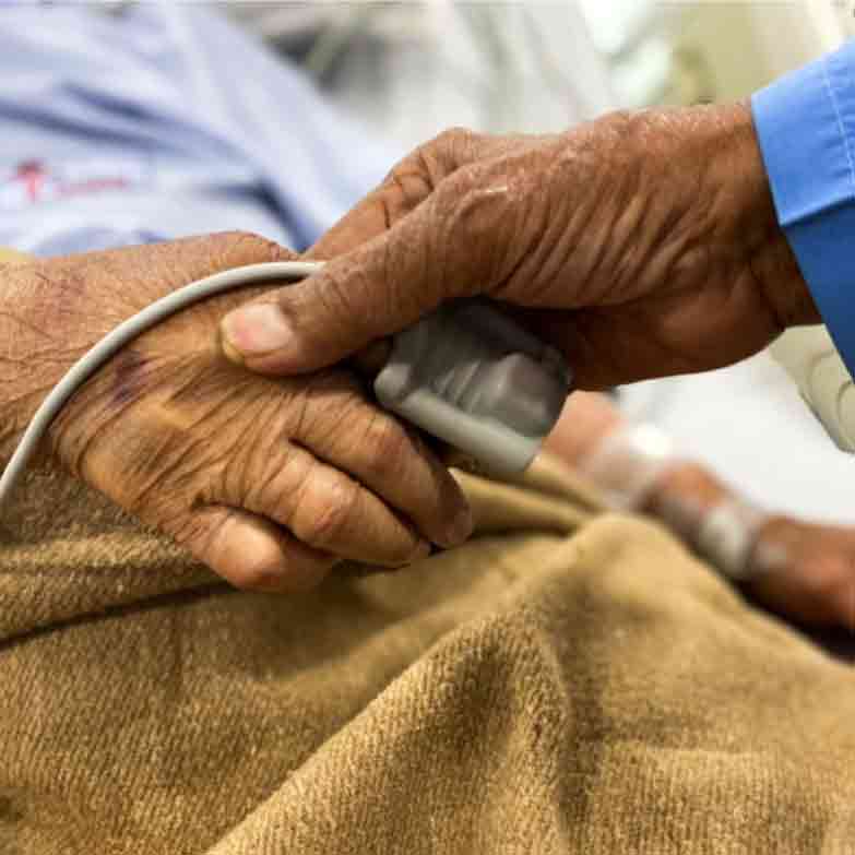 A doctor's hand holds the hand of an elderly patient which has a heart rate monitor attached to it
