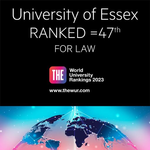 Graphic showing Law at Essex is 47th in THE World University Rankings by Subject