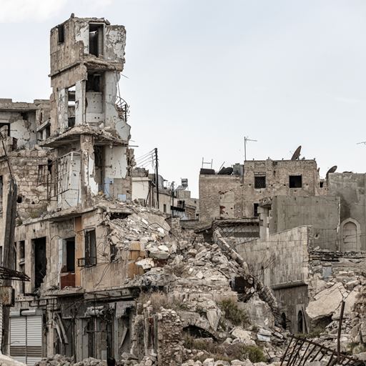 A partially destroyed building damaged during conflict
