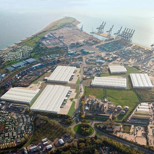 Felixstowe Port with CGI of future Freeport East development