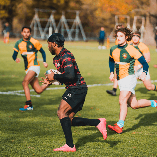 Men playing rugby on field, man running with rugby ball 