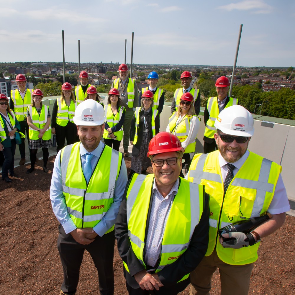 Photo shows from front left to right R J Carter Project Manager John Turpin, University of Essex Registrar Bryn Morris and R J Carter Senior Contracts Manager Ian Powell with representatives from Colchester City Council, Tendring District Council, Wivenhoe Town Council and South East Local Enterprise Partnership.