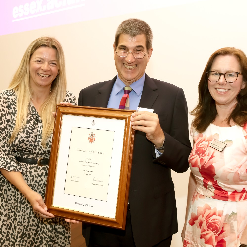 Sally Shaw receives her honorary fellowship from Vice-Chancellor Professor Anthony Forster and Deputy Vice-Chancellor Professor Lorna Fox O'Mahony