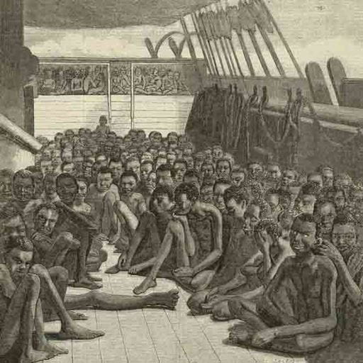 Illustration of black slaves sitting on the deck of a ship, courtesy of Slavery Images