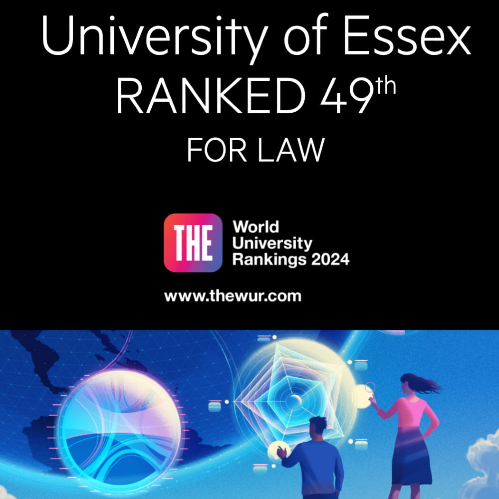 Times Higher Education badge showing Essex is ranked 49th globally in law