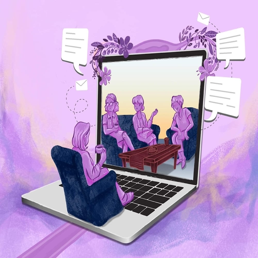 cartoon of a woman sitting on a couch on the computer keyboard, looking into other people on the computer screen and them chatting